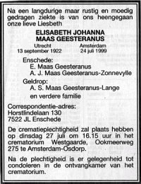 Overlijdensbericht E.J. (Liesbeth) MG (1999)